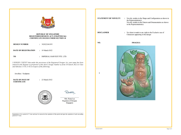 Singapore Design Patent No.30202210630V